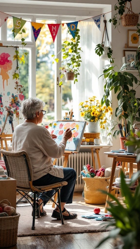An elderly person painting in a bright, cozy room filled with plants and art supplies.
