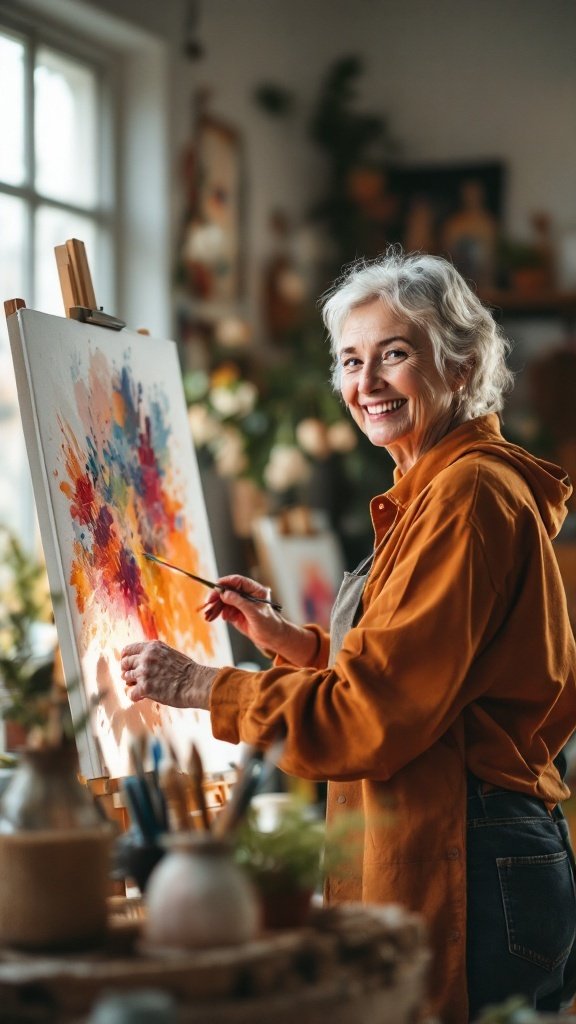 Senior woman painting in a bright and colorful studio