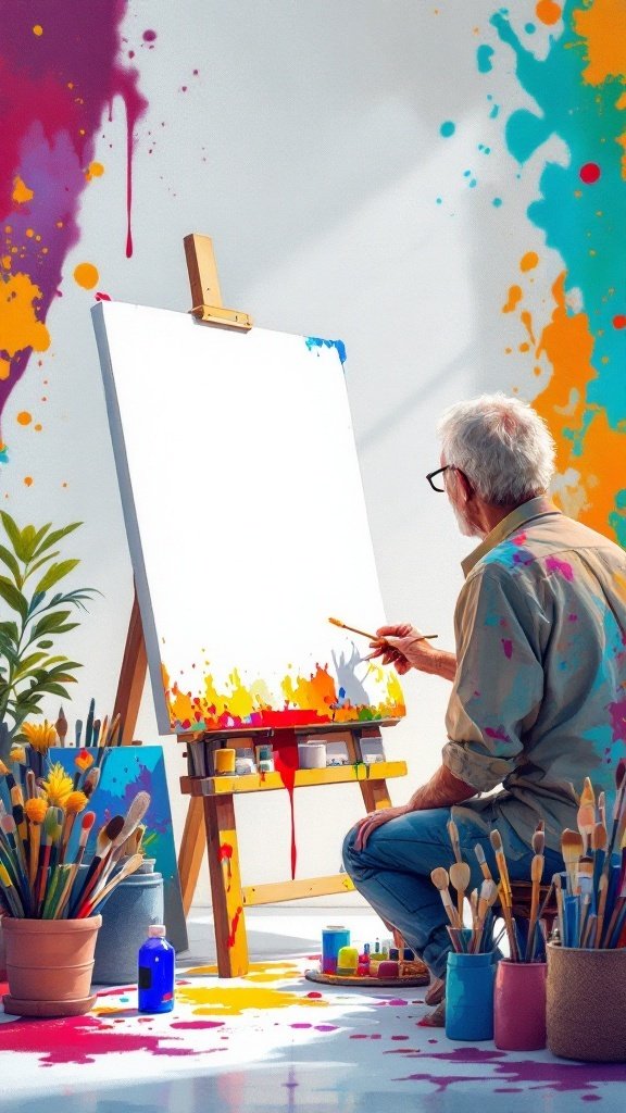 A senior man painting in a colorful, vibrant studio filled with art supplies.