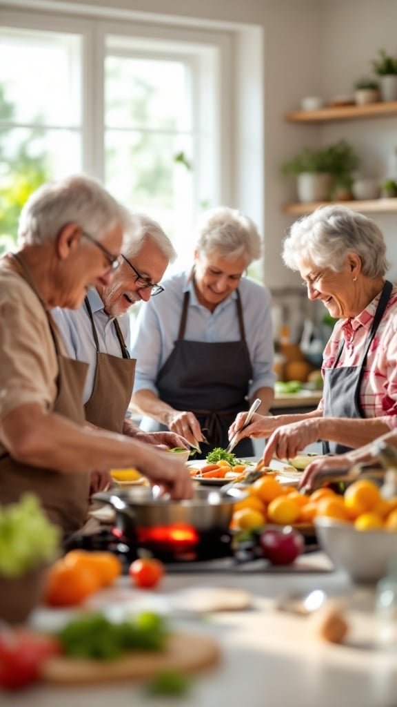 A group of seniors cooking and enjoying time together in a kitchen.