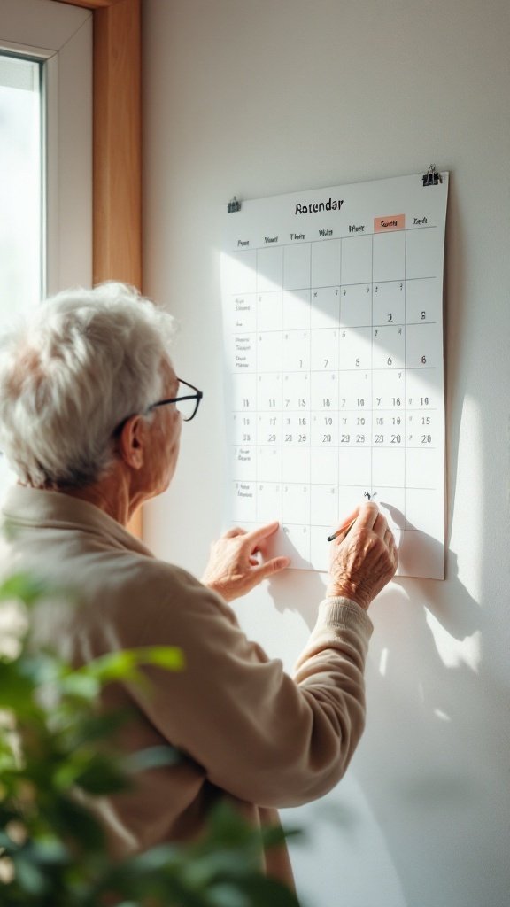 A senior person writing on a calendar while standing by a window