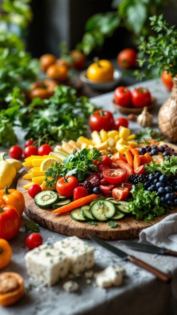 A beautifully arranged platter of fresh fruits and vegetables, including cucumbers, tomatoes, blueberries, and more, on a wooden board surrounded by additional produce.