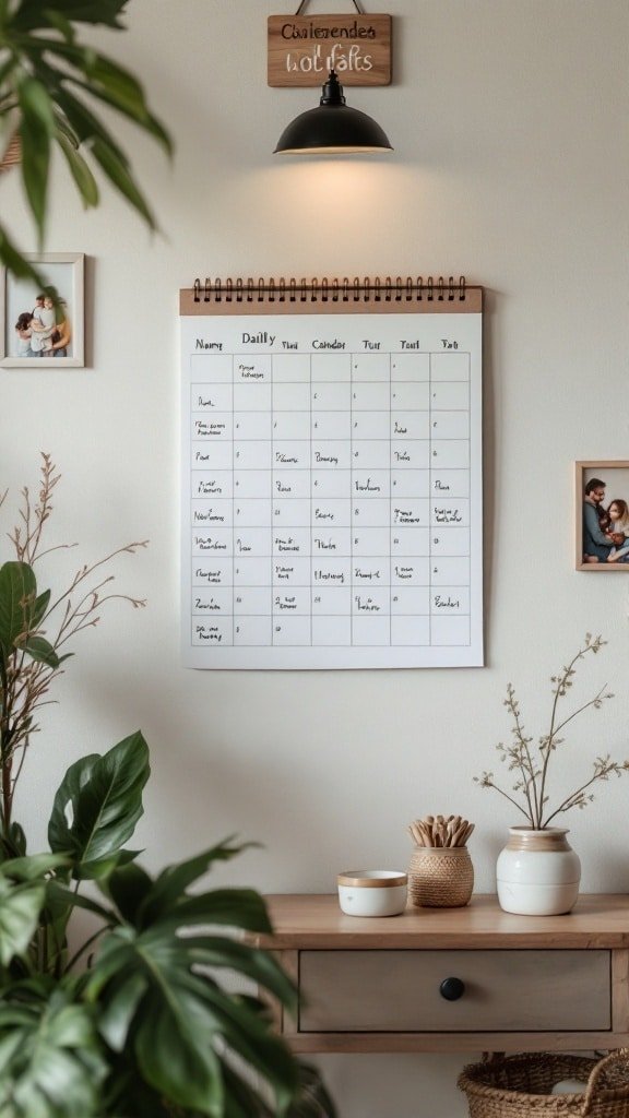 A wall calendar with a daily care schedule, plants, and decorative items in a cozy room.