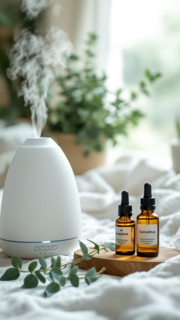A diffuser releasing steam with two bottles of eucalyptus oil on a wooden tray surrounded by greenery.