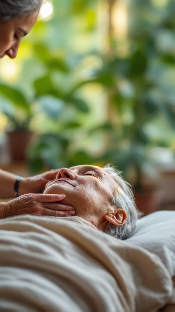 An elderly person receiving gentle touch therapy from a caregiver in a peaceful setting.