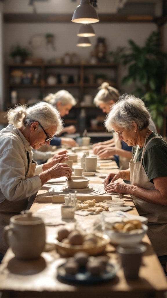 Seniors engaged in pottery making in a warm workshop setting.