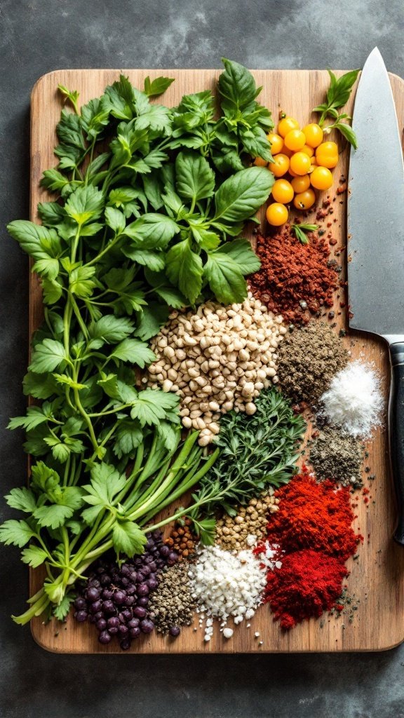 A variety of fresh herbs and spices arranged on a cutting board with a knife