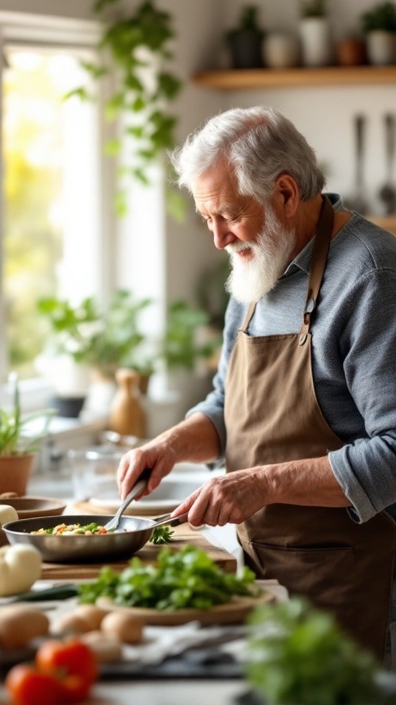 An elderly man cooking in a kitchen filled with fresh ingredients