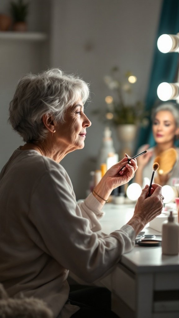 An elderly woman applying makeup at a vanity, with a focus on self-care and beauty trends.