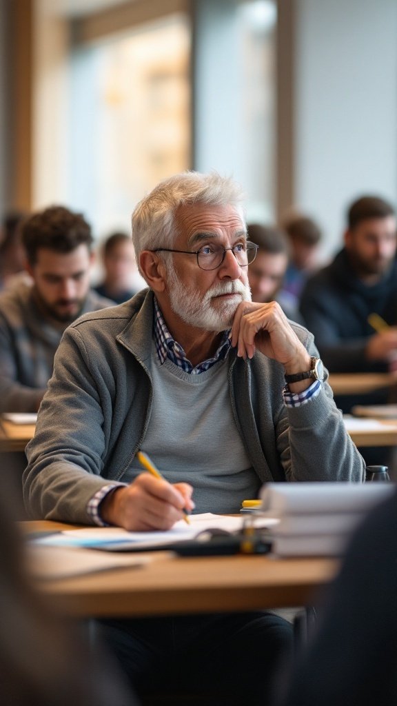 An older man in a classroom setting, engaged in learning, with a thoughtful expression.