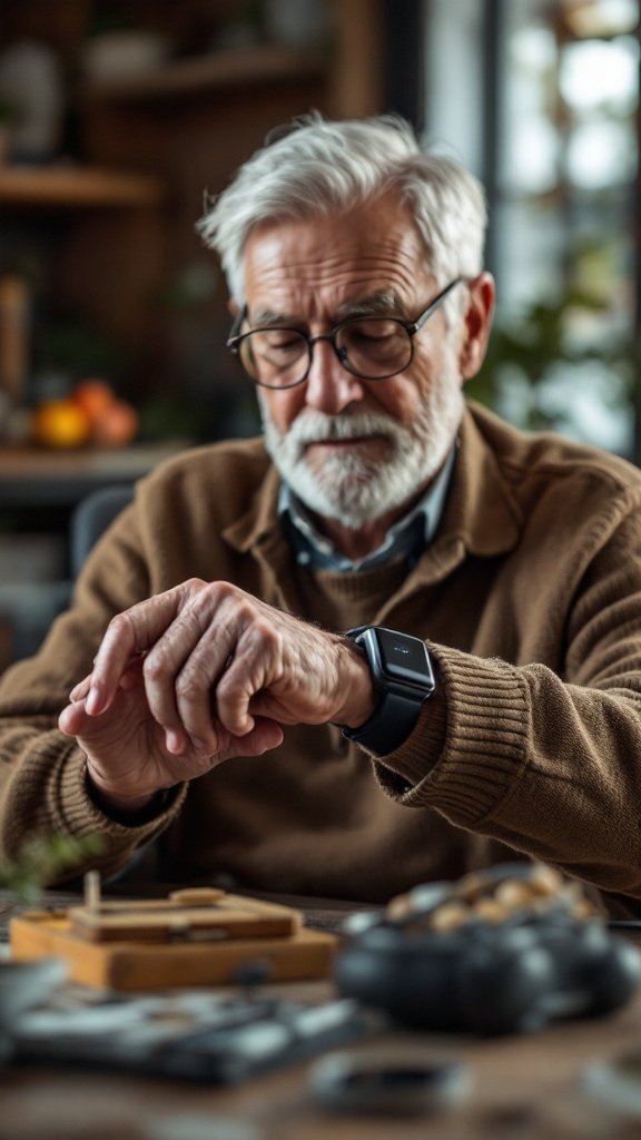 A senior man wearing glasses and a smartwatch, looking at his wrist with a focused expression.
