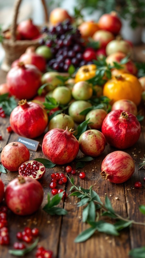 A vibrant display of various pomegranates and other fruits on a wooden table.