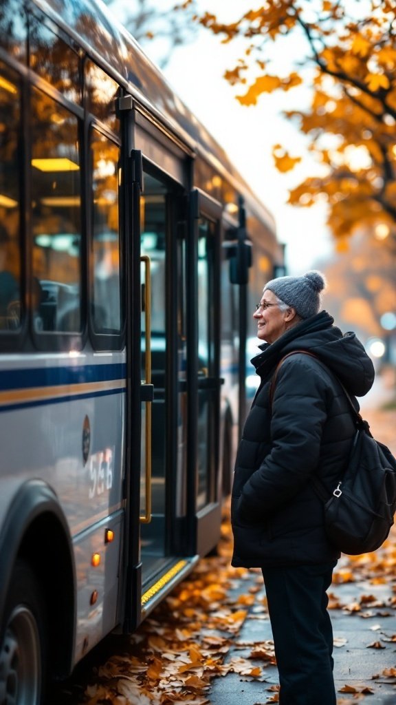 A senior woman smiling while waiting for a bus on an autumn day.
