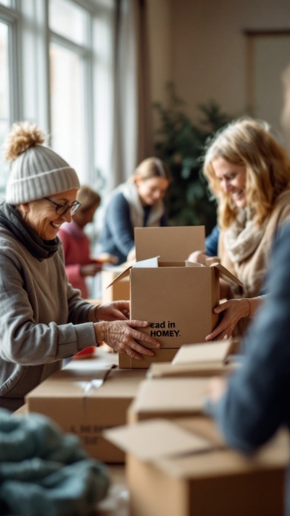 A group of seniors happily packing boxes for a charitable cause in a bright, inviting setting.