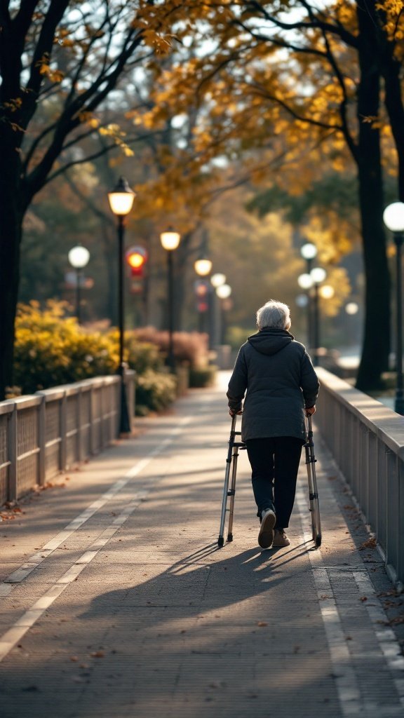 An elderly person walking with a walker on a path surrounded by trees in autumn.
