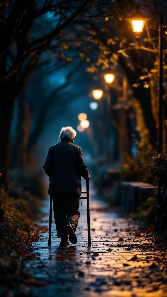 An elderly person walking with a walker on a quiet path, surrounded by trees and street lamps in the evening.