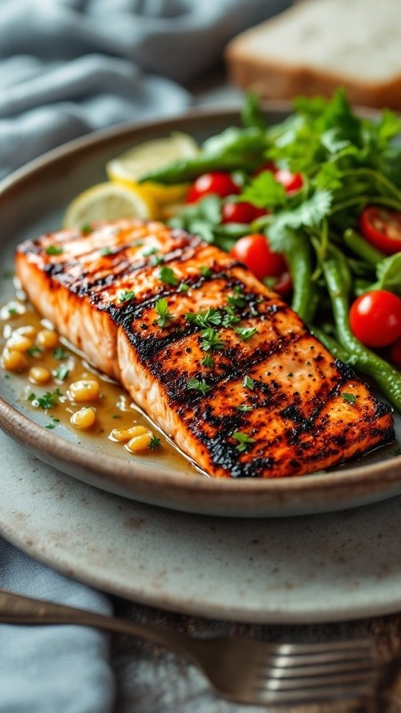 Grilled salmon served with vegetables and lemon on a plate.