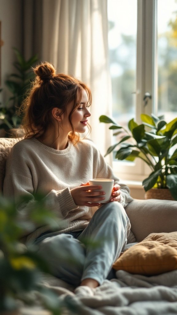 A woman sitting on a couch with a cup in hand, surrounded by plants, looking peaceful