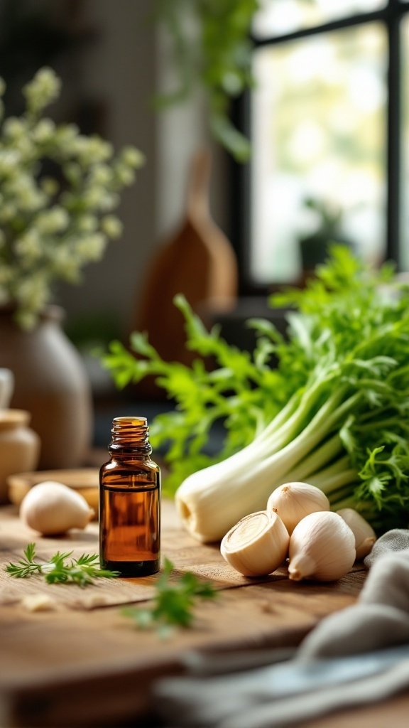 A bottle of fennel essential oil on a wooden table, surrounded by fresh fennel bulbs and garlic.