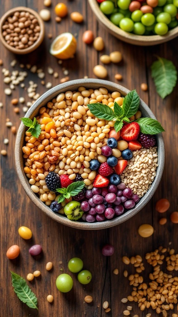 A variety of fiber-rich foods including beans, fruits, and grains displayed in a bowl