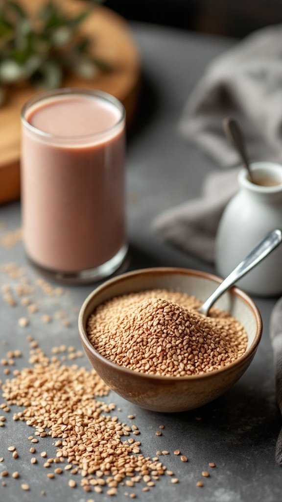 Bowl of golden flaxseeds next to a smoothie glass