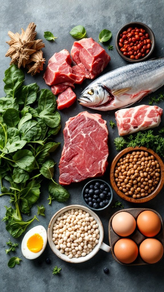 An array of fresh ingredients rich in iron and B12, including spinach, eggs, beans, and meat on a light background.