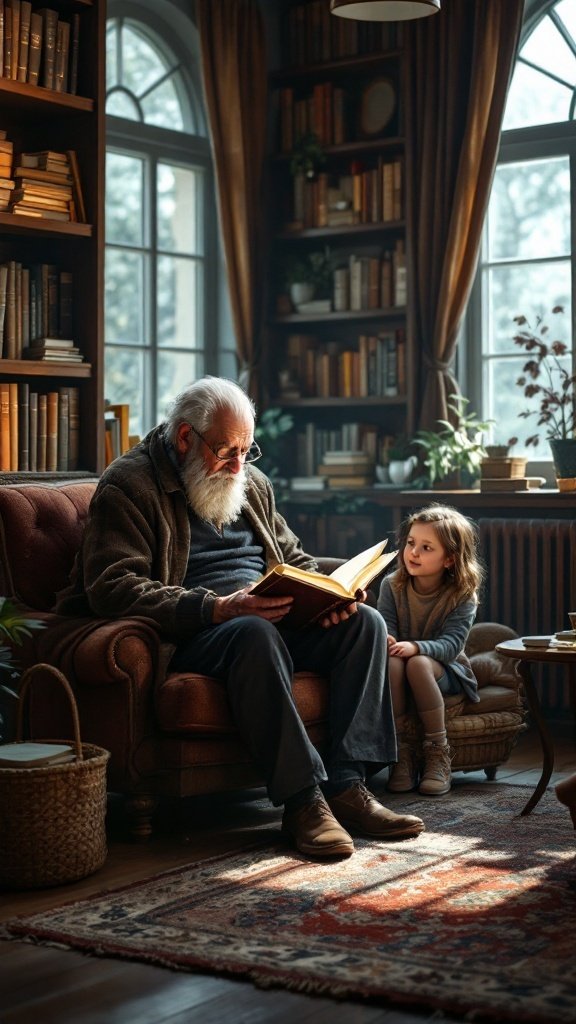 An older man reading a book to a young girl in a cozy library setting.