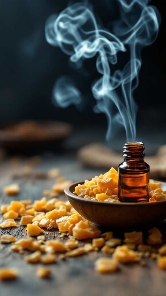 A bottle of frankincense essential oil surrounded by resin pieces and smoke.