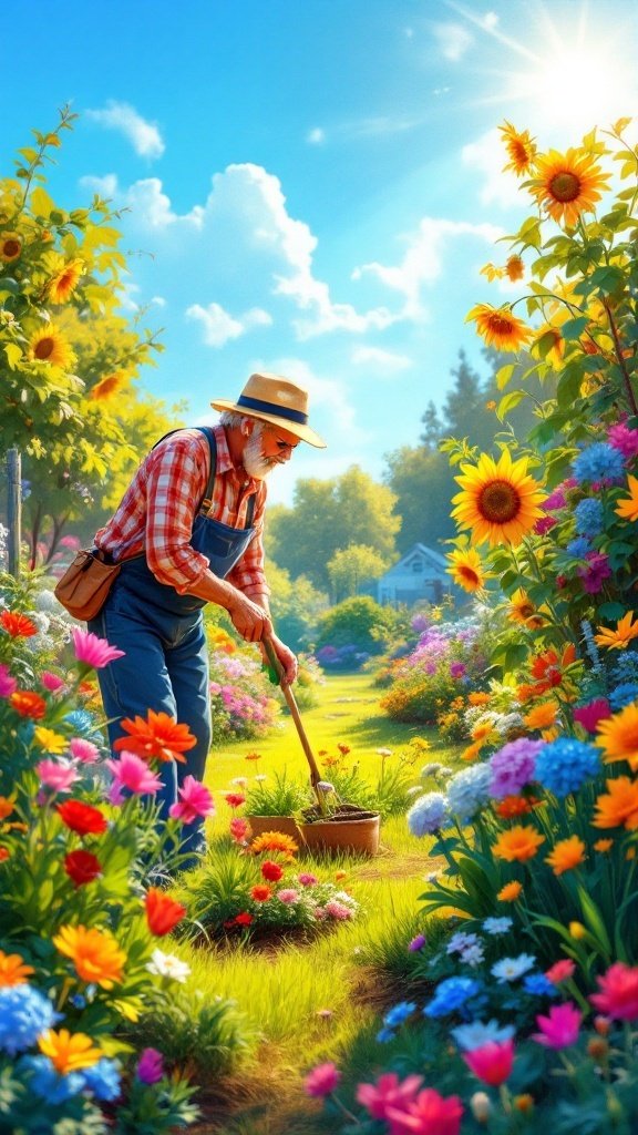An older man gardening in a colorful flower garden with a bright blue sky.