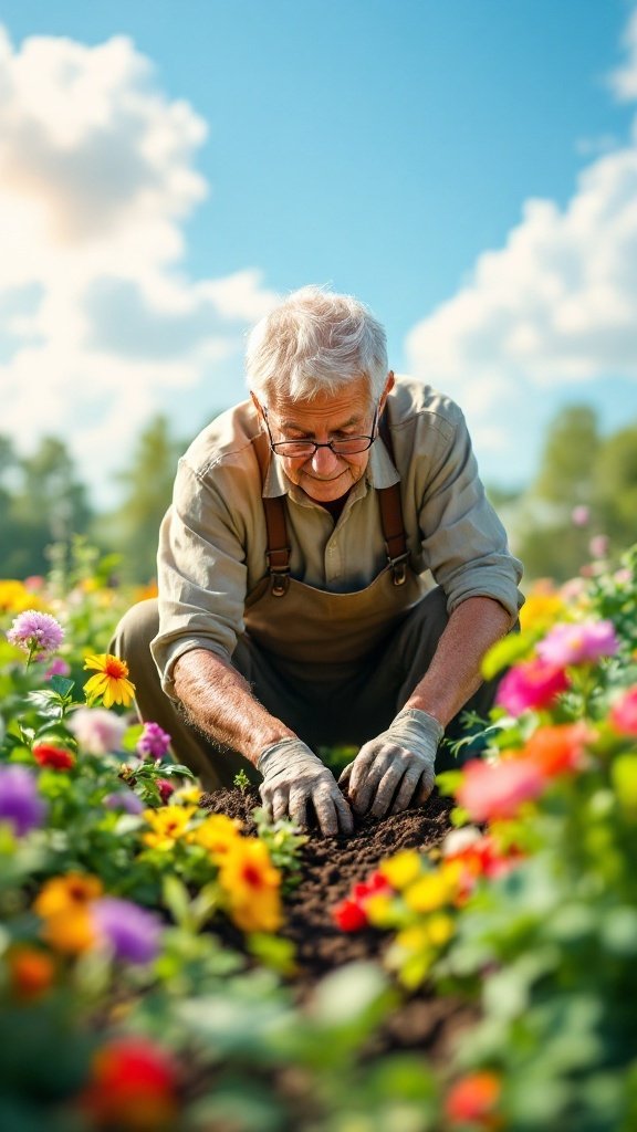 An older man gardening in a vibrant flower garden, focusing on planting with bright flowers surrounding him.