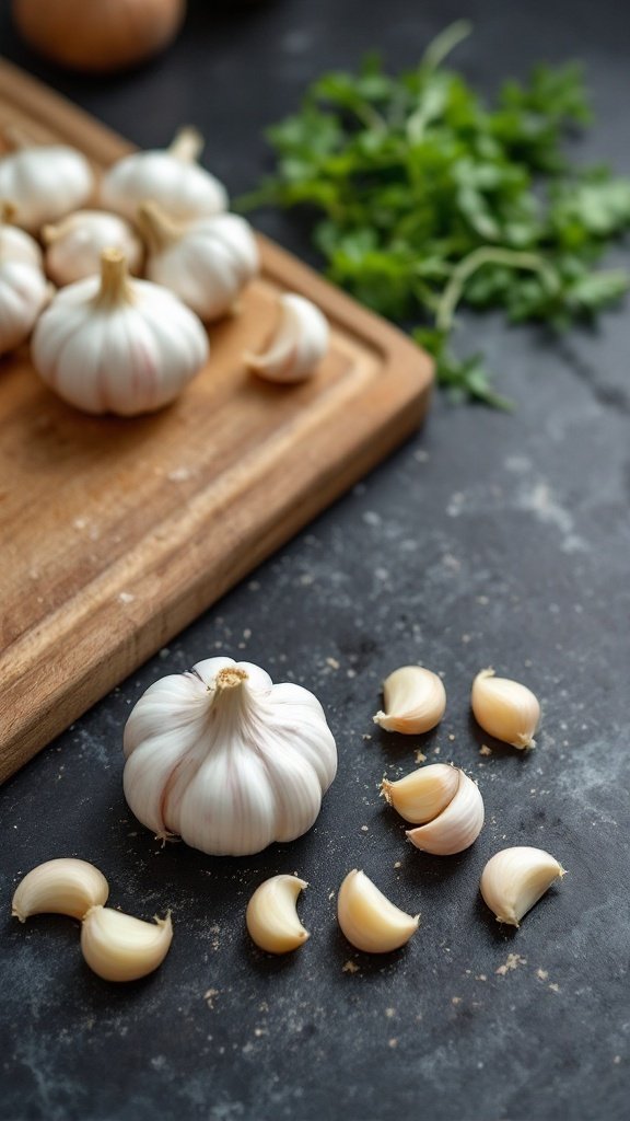 Fresh garlic bulbs and cloves on a wooden cutting board with green herbs in the background.