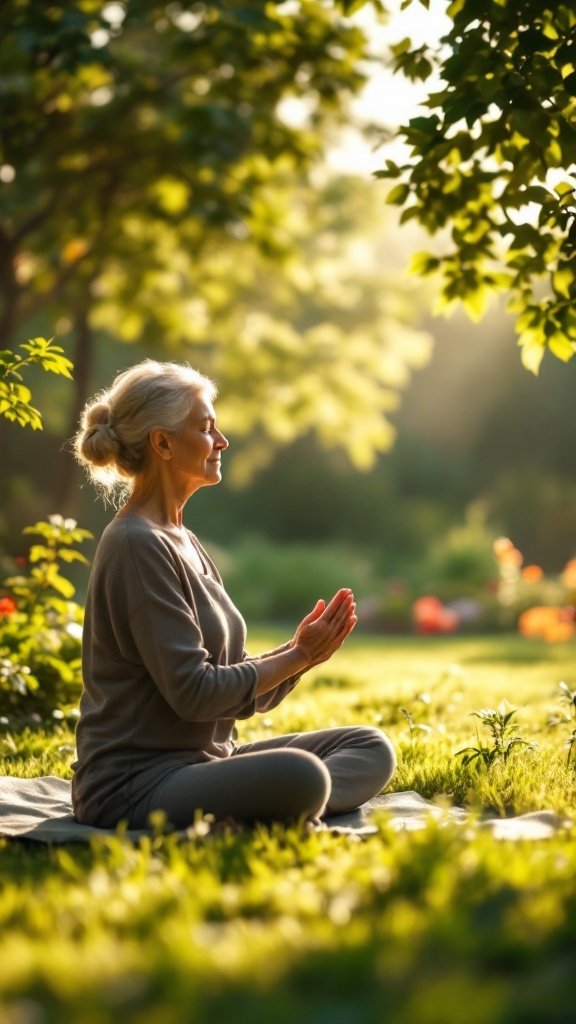 A senior woman practicing yoga in a sunny garden, embodying tranquility and mindfulness.