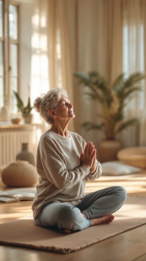 A senior woman practicing gentle yoga in a tranquil indoor setting.