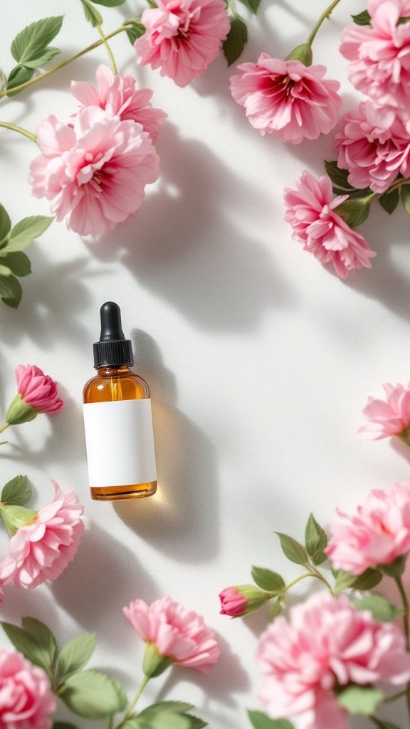 A bottle of geranium essential oil surrounded by pink flowers on a light background.