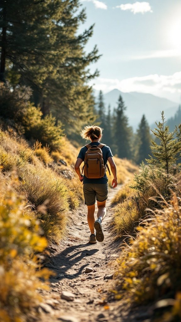 A person walking on a trail through nature with a backpack