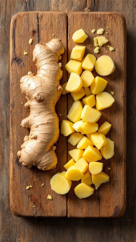 Fresh ginger root next to chopped ginger pieces on a wooden cutting board.