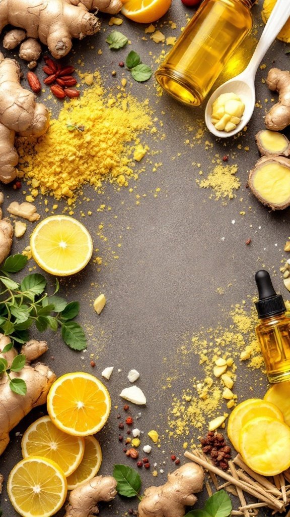 An arrangement of fresh ginger, lemon slices, ginger essential oil, and spices on a textured surface