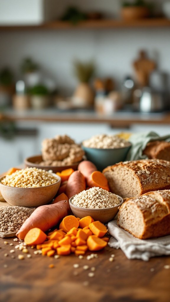 An assortment of healthy carbohydrates including sweet potatoes, oats, and whole grain bread on a table.