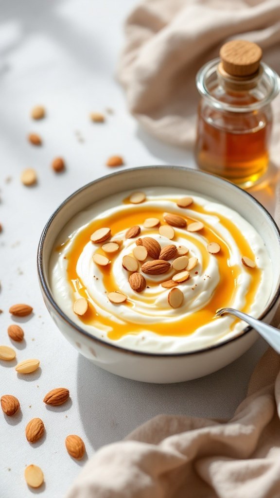 Bowl of Greek yogurt topped with honey and almonds, set on a table.