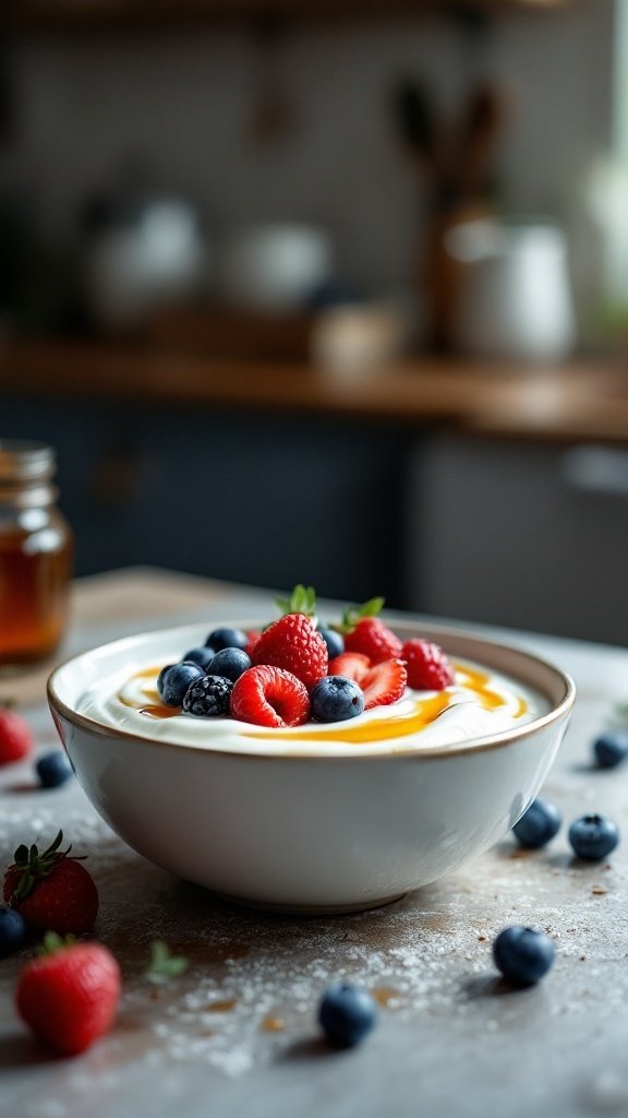 A bowl of Greek yogurt topped with raspberries, blueberries, and a drizzle of honey, placed on a wooden surface.