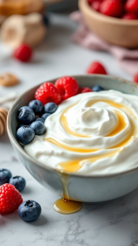 A bowl of Greek yogurt topped with blueberries and raspberries, with a drizzle of honey.