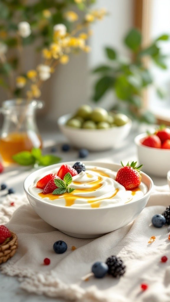 A bowl of Greek yogurt topped with strawberries, blueberries, and honey, with more fruits in the background.