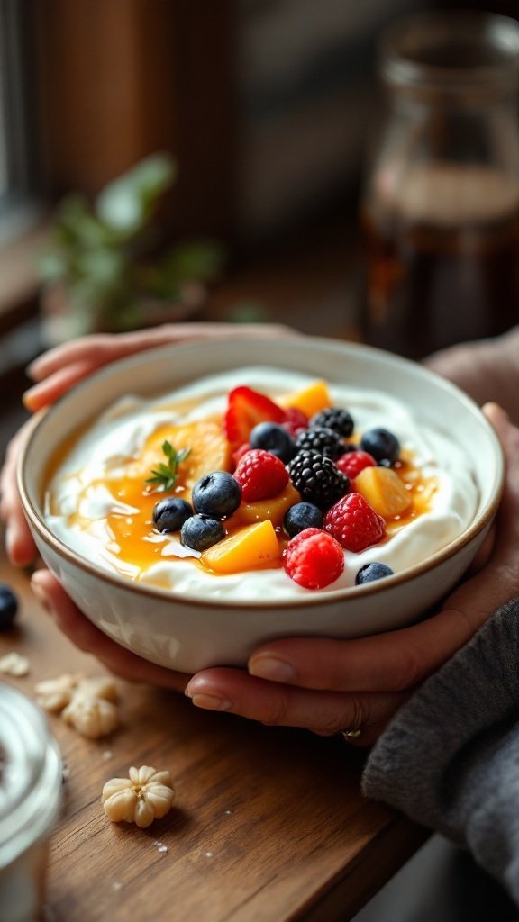 A bowl of Greek yogurt topped with an assortment of fresh fruits and a drizzle of honey, being held by a person.