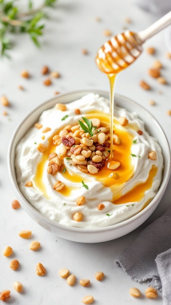 A bowl of Greek yogurt topped with honey and pine nuts on a light background.