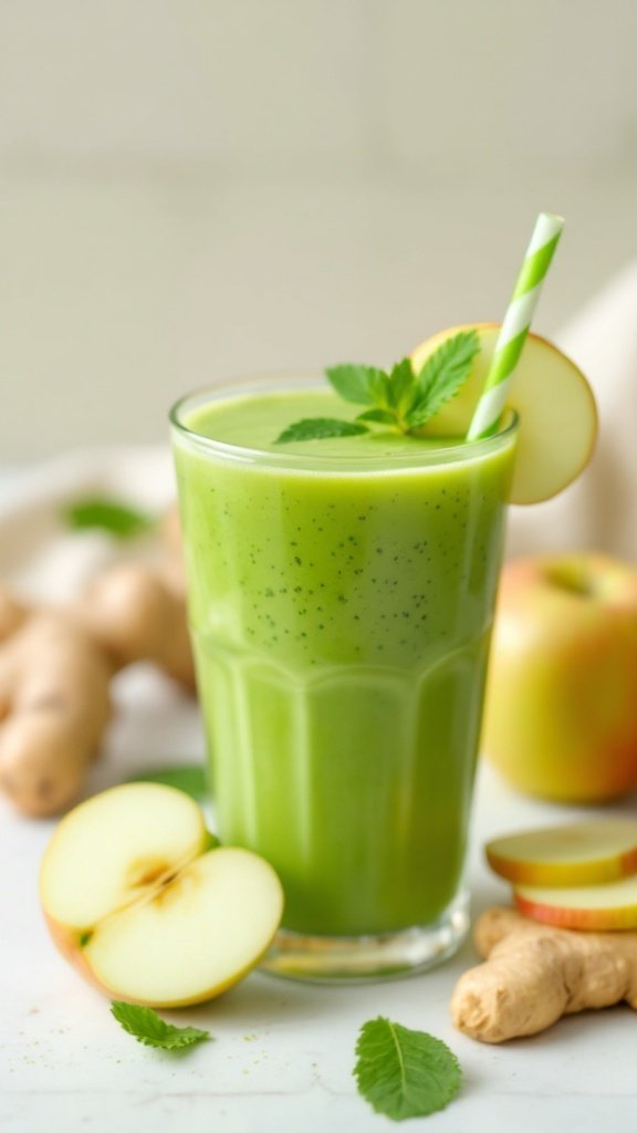A refreshing green smoothie made with green apples and ginger, garnished with mint and apple slices, with ginger root in the background.