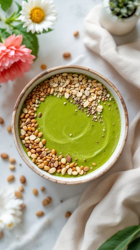 A green smoothie bowl topped with nuts and seeds, surrounded by flowers.
