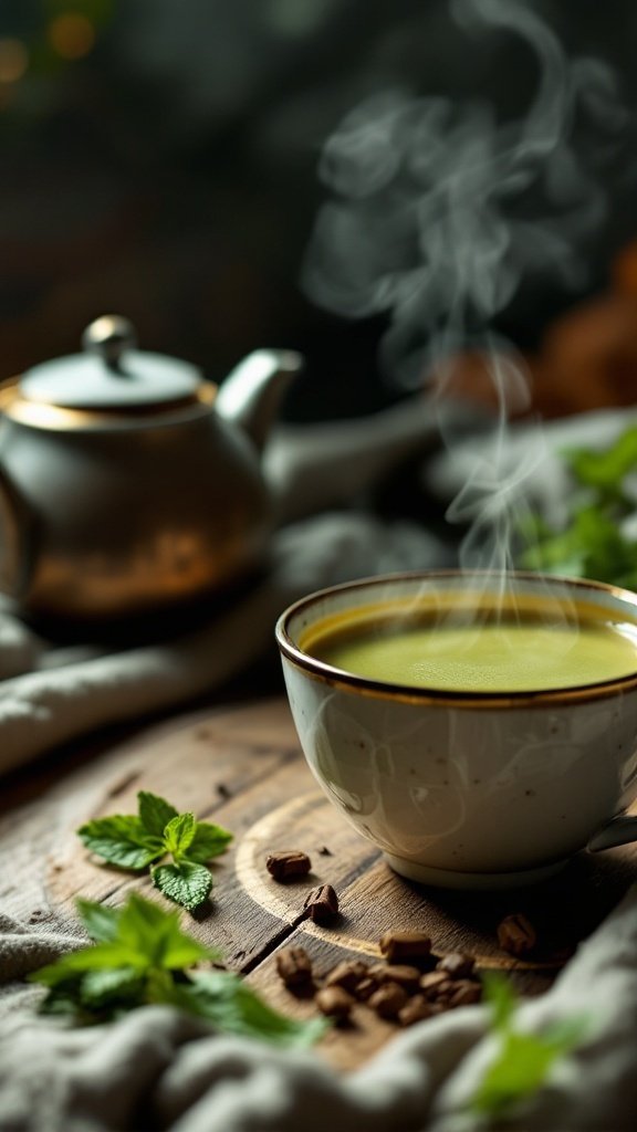 A steaming cup of green tea with a teapot and fresh mint leaves on a wooden surface