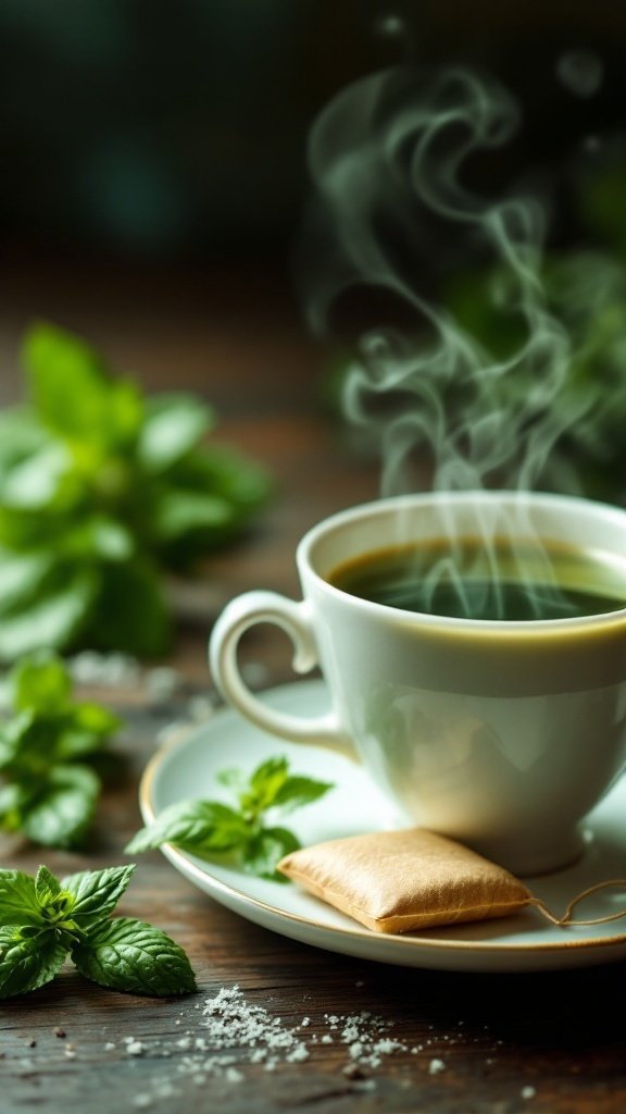 A steaming cup of green tea beside fresh mint leaves on a rustic wooden surface.