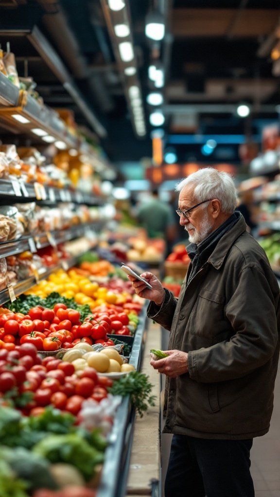 An elderly man shopping for fresh produce in a grocery store.