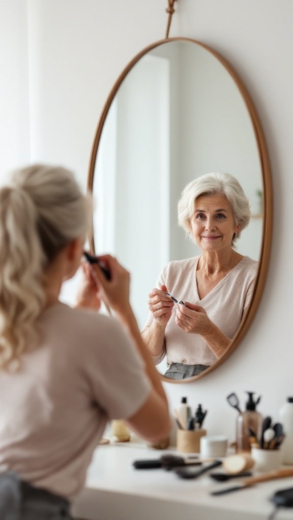 Senior woman looking at herself in a mirror while applying makeup, with hair care products on the table